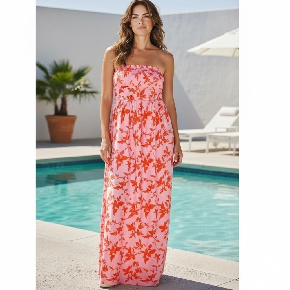Grace‎ Karin Pink Orange Floral Strapless Maxi Dress Ruched Sweetheart Large